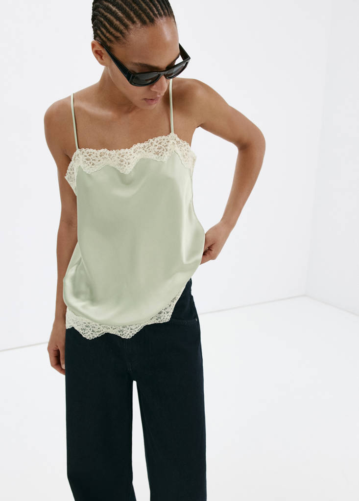 Lace detail satin top — Pastel Green
