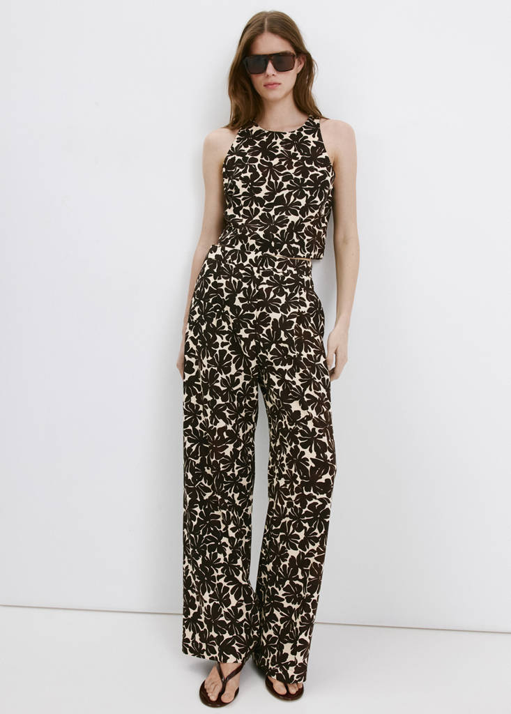Floral print straight trousers — Ecru