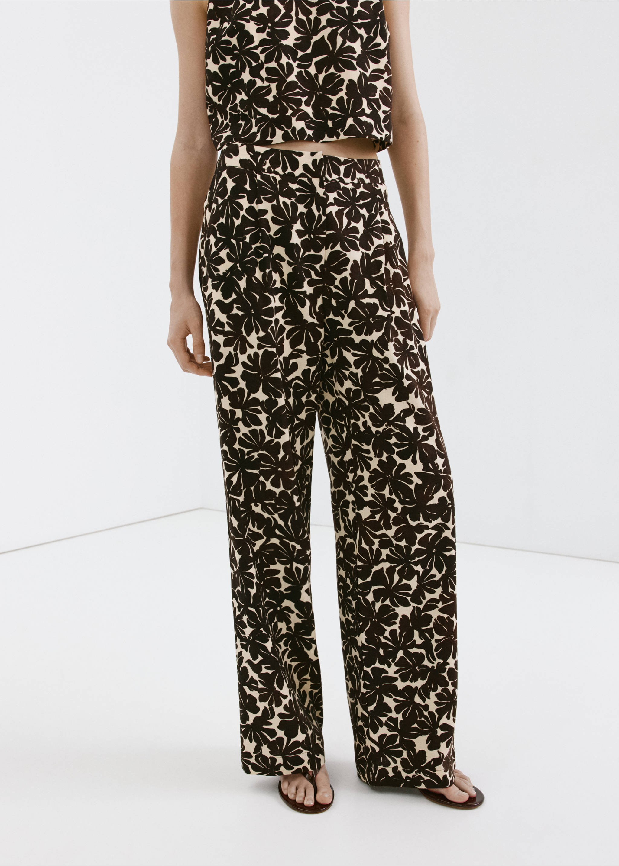 Floral print straight trousers - Medium plane, Ecru. Ref: 37061378-00.