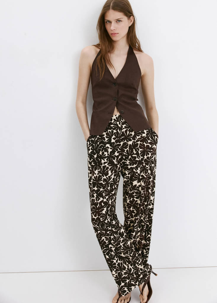 Floral print straight trousers — Ecru