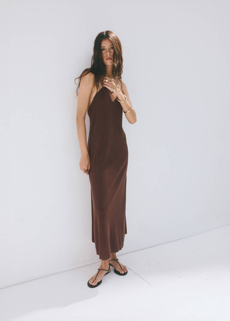 Knitted V-neck dress with bead embellishments — Chocolate