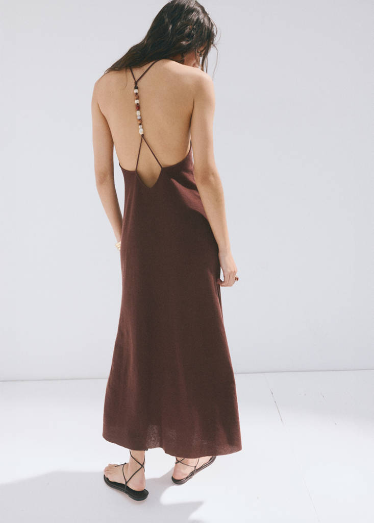 Knitted V-neck dress with bead embellishments — Chocolate