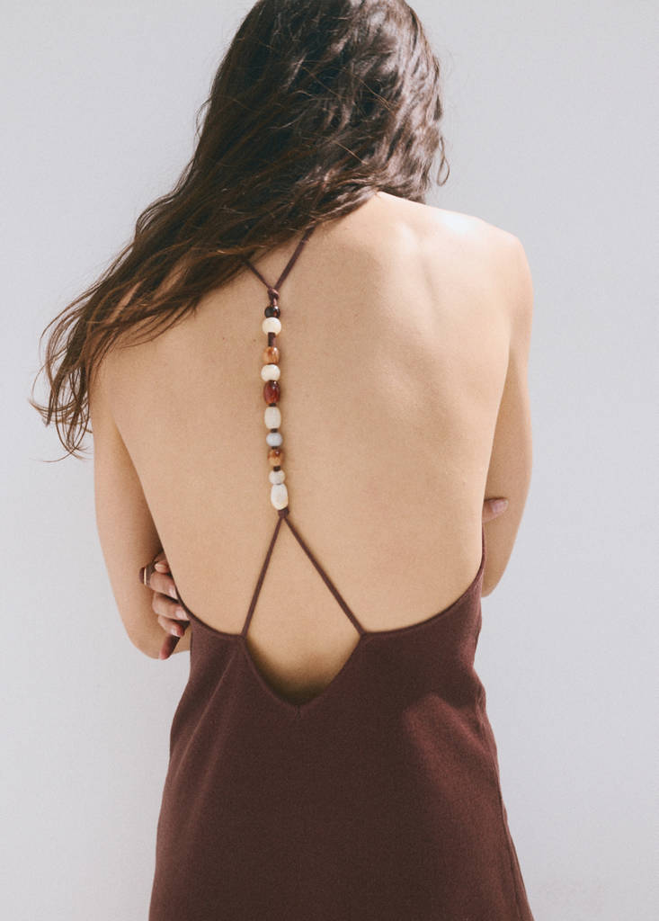 Knitted V-neck dress with bead embellishments — Chocolate