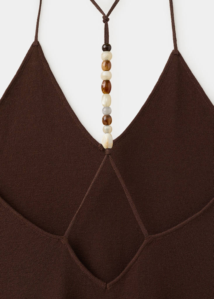 Knitted V-neck dress with bead embellishments — Chocolate