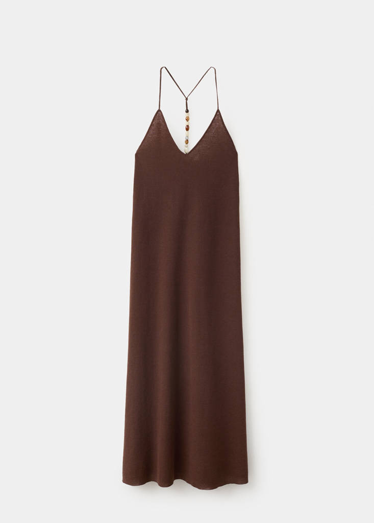 Knitted V-neck dress with bead embellishments — Chocolate