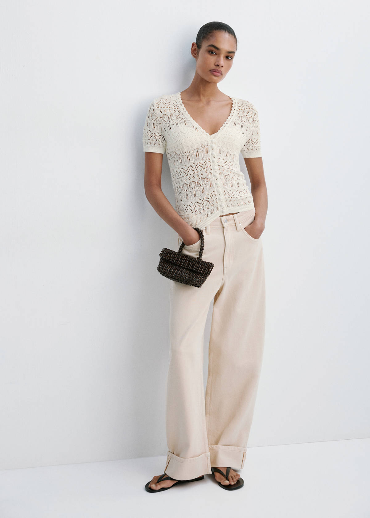 Short-sleeve openwork knit cardigan — Ecru