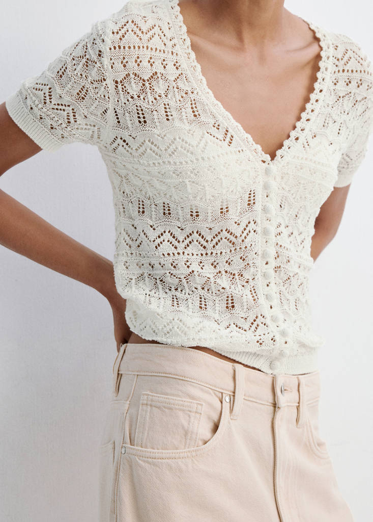 Short-sleeve openwork knit cardigan — Ecru