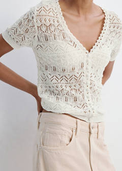 Short-sleeve openwork knit cardigan — Ecru 1