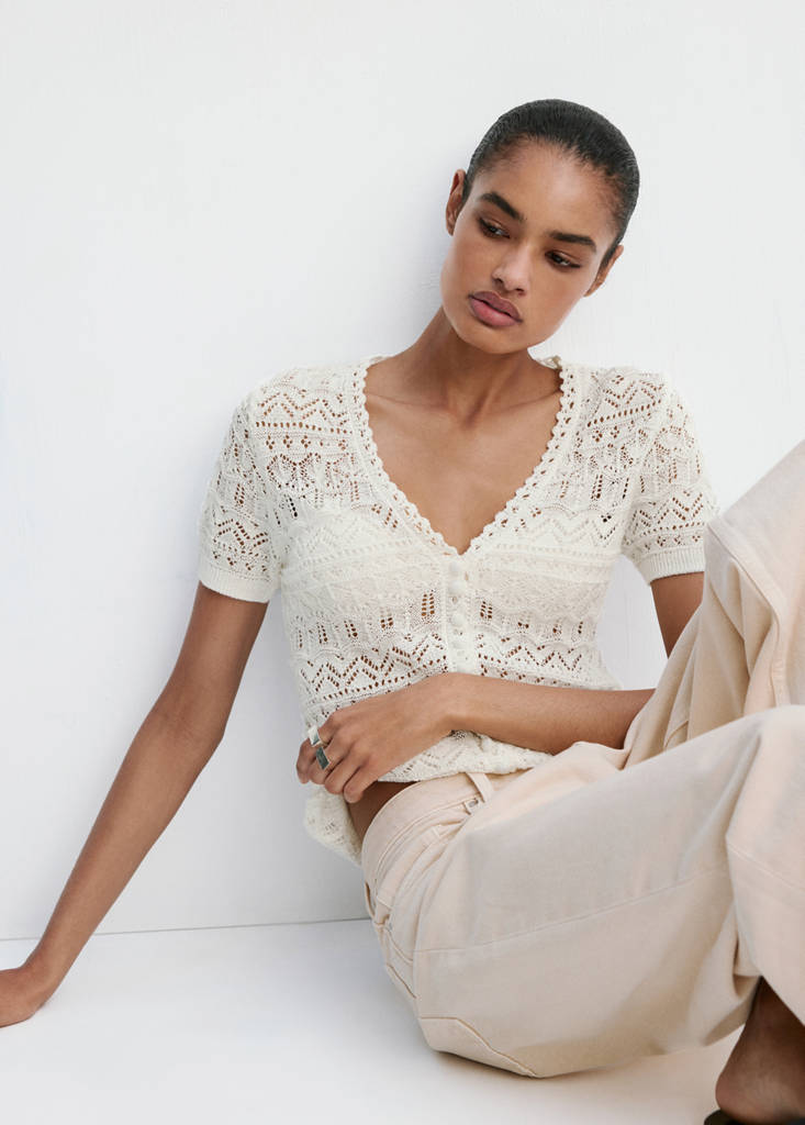 Short-sleeve openwork knit cardigan — Ecru