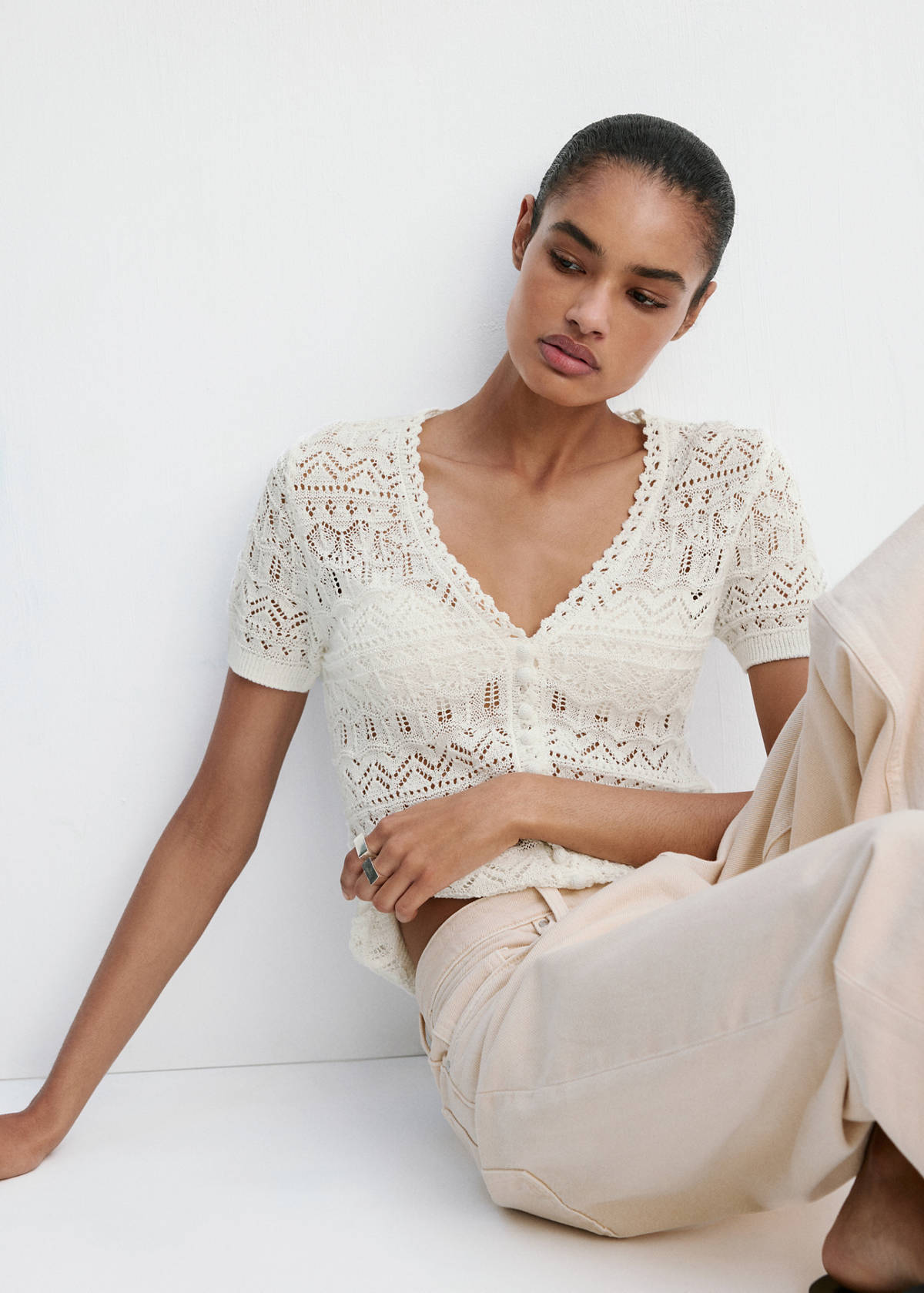 Short-sleeve openwork knit cardigan — Ecru