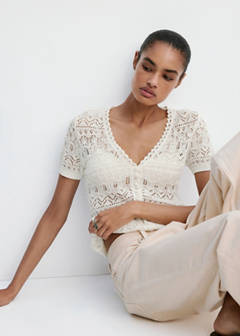 Short-sleeve openwork knit cardigan — Ecru 4