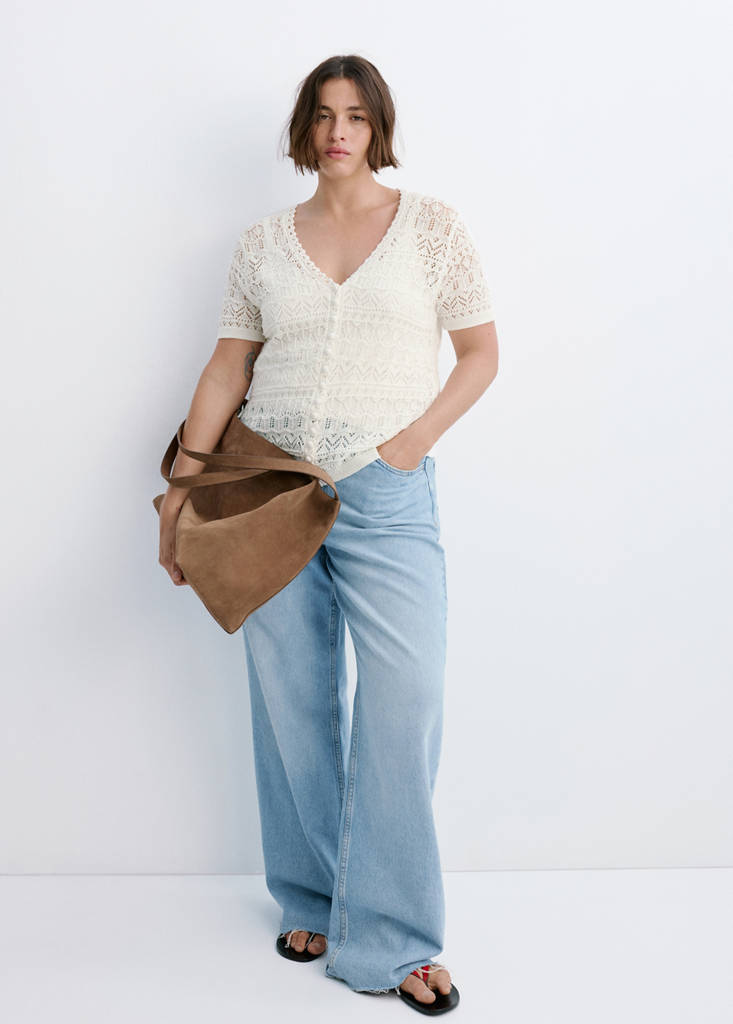 Short-sleeve openwork knit cardigan — Ecru