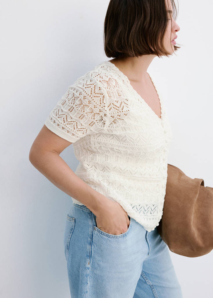 Short-sleeve openwork knit cardigan — Ecru