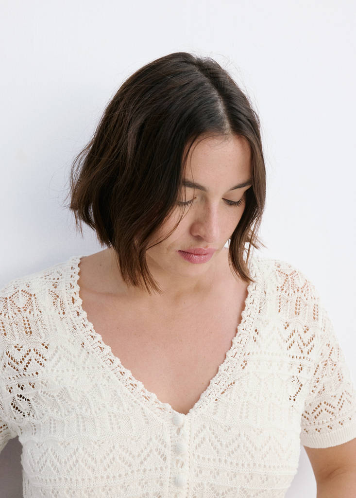 Short-sleeve openwork knit cardigan — Ecru
