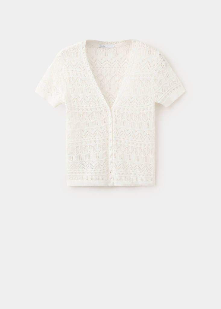 Short-sleeve openwork knit cardigan — Ecru