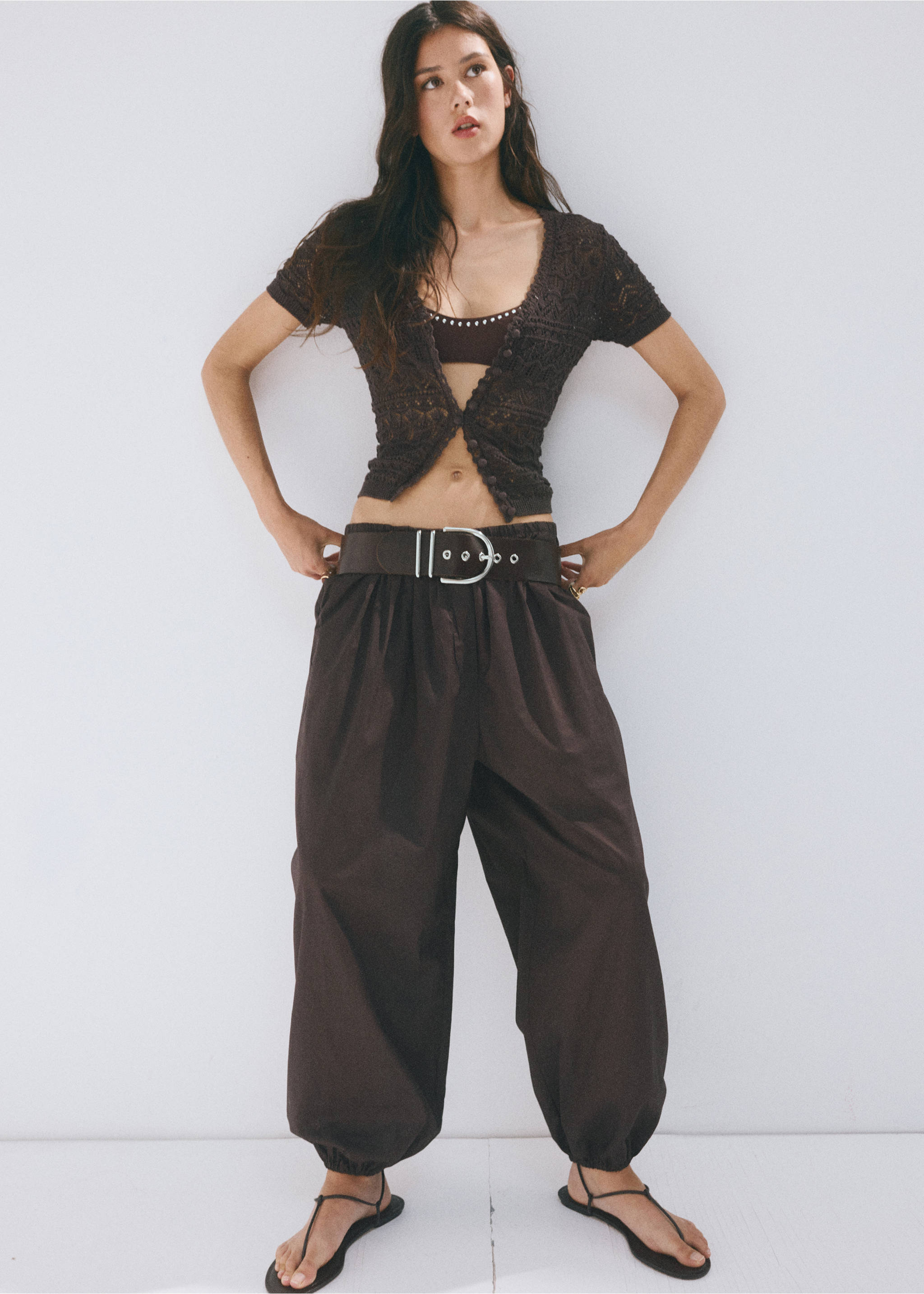 Short-sleeved cardigan with openwork knit - General plane, Chocolate. Ref: 37061383-00.