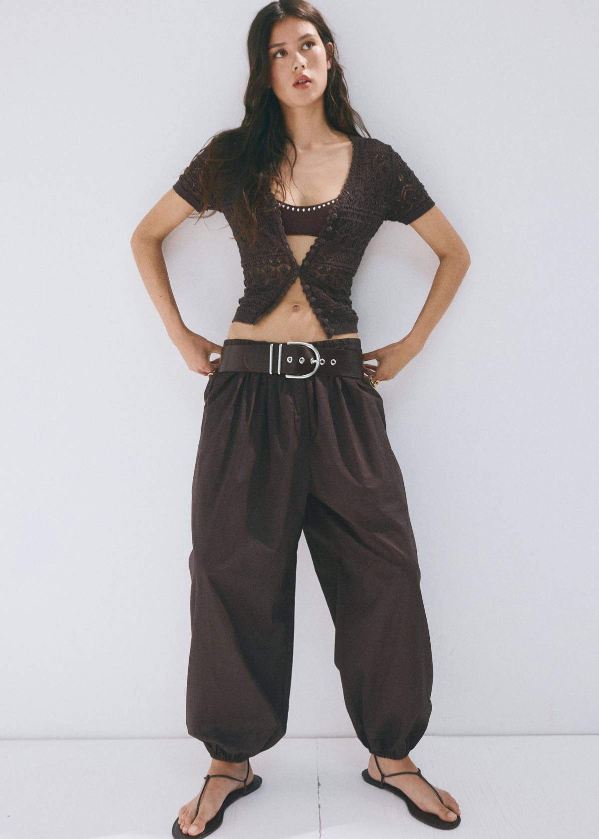 Short-sleeve openwork knit cardigan — Chocolate