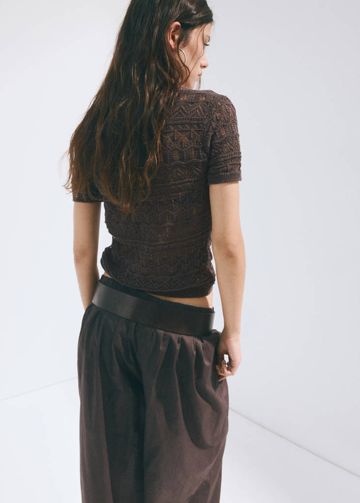 Short-sleeve openwork knit cardigan — Chocolate