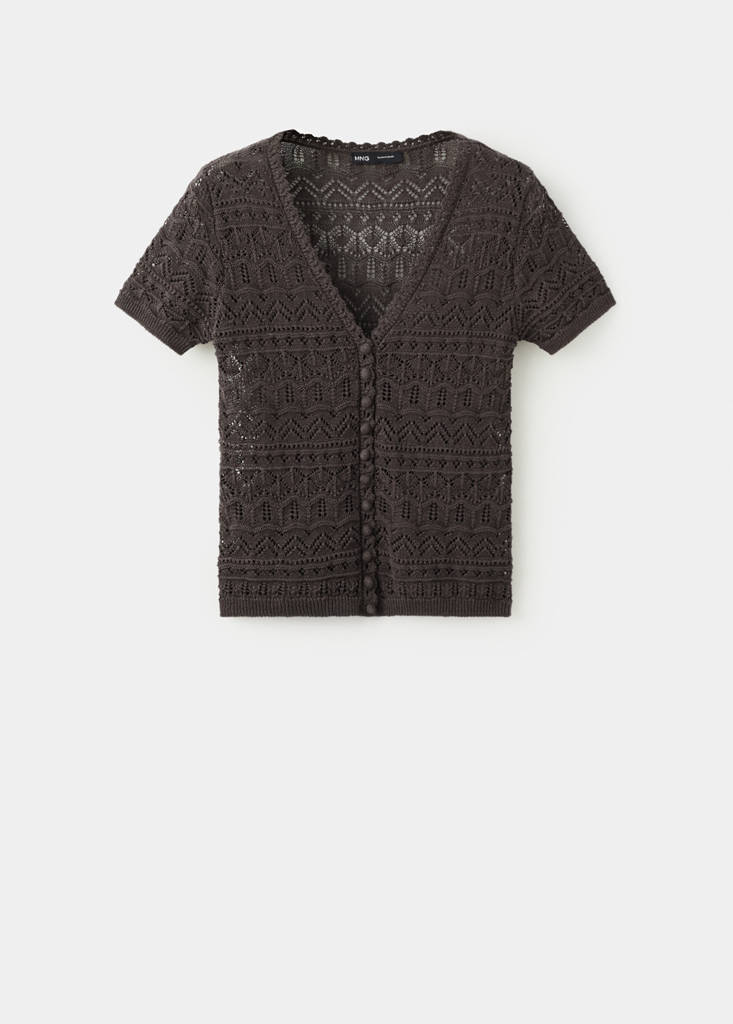 Short-sleeve openwork knit cardigan — Chocolate