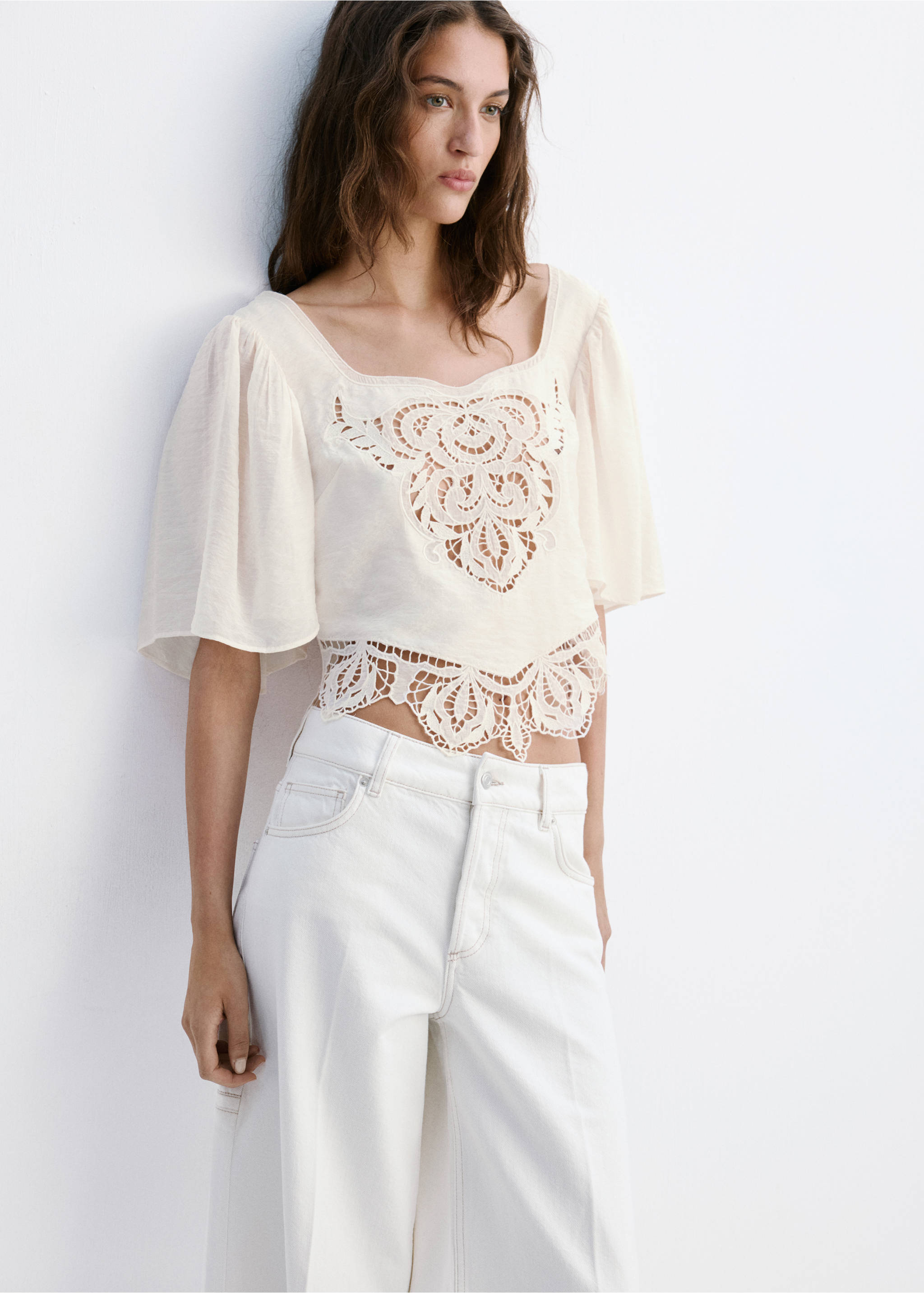 Broderie anglaise crop top - Medium plane, Off White. Ref: 37061388-00.