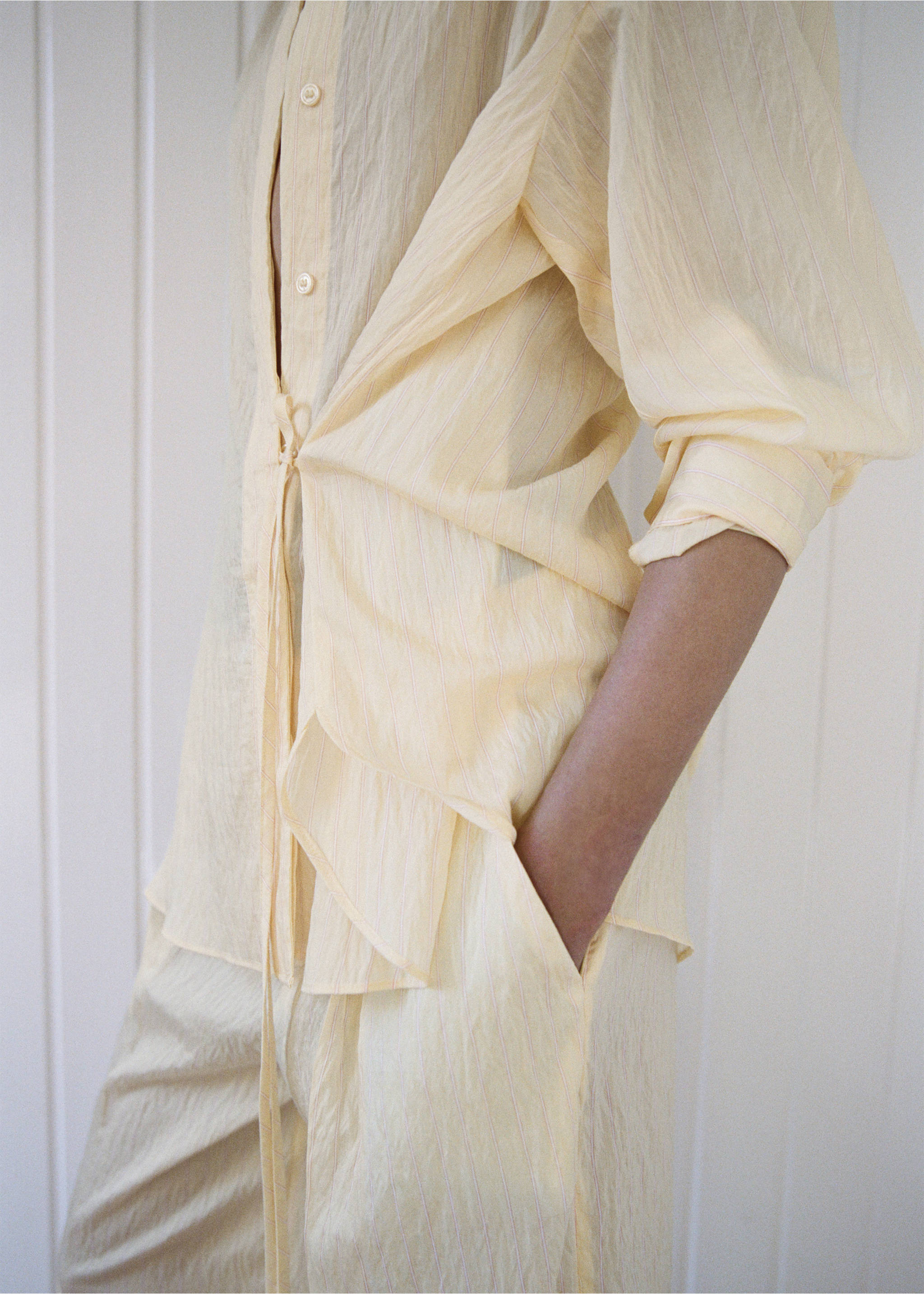 Lyocell striped shirt with bow detail - Medium plane, Yellow. Ref: 37061398-00.
