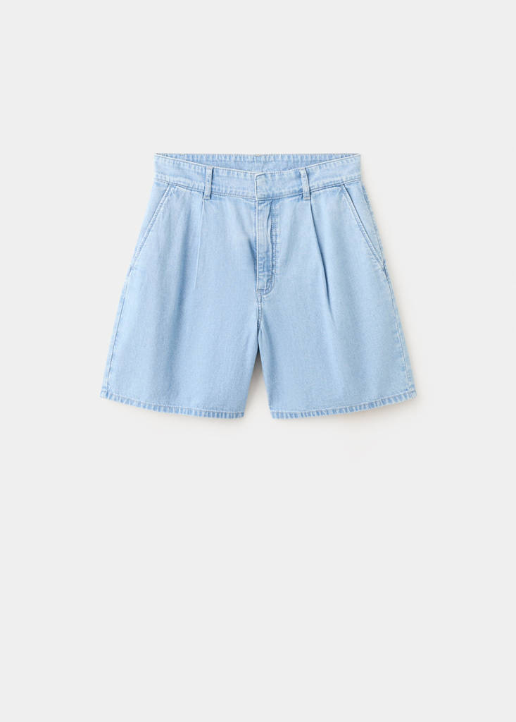 Mid-rise denim bermuda shorts with pleats — Light Blue