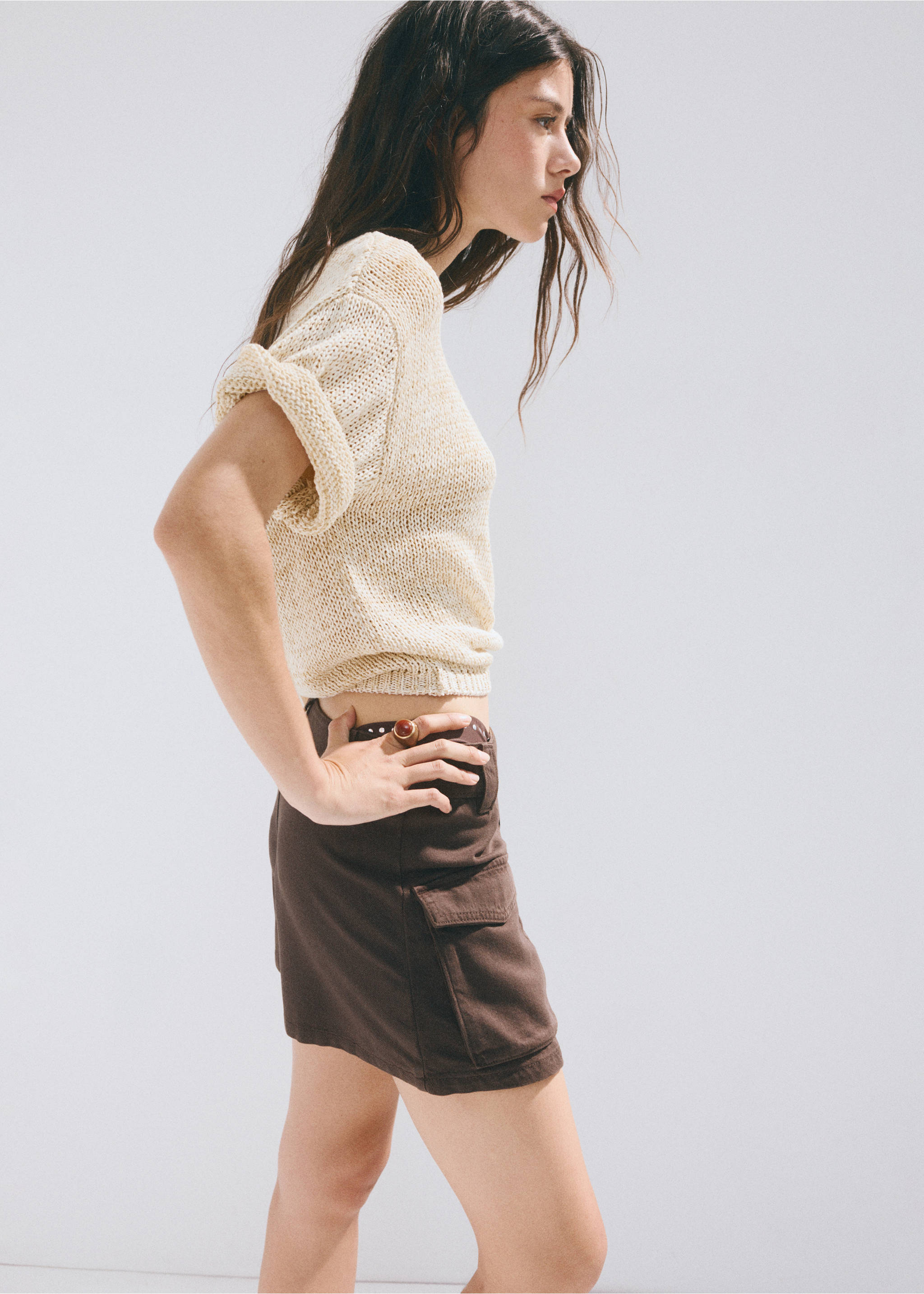 Cargo denim culottes - Details of the article 3, Chocolate. Ref: 37061400-00.