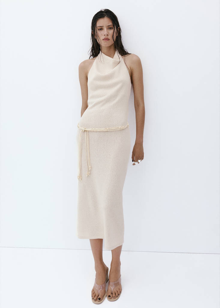 Halter knit dress with belt — Ecru