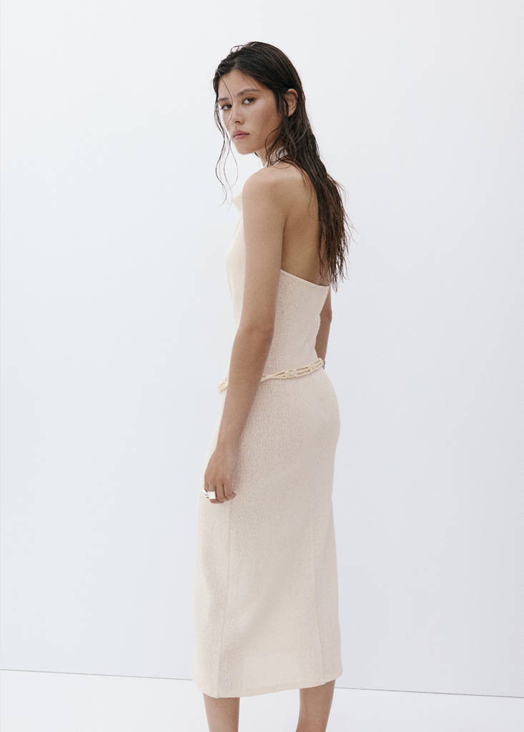Halter knit dress with belt — Ecru