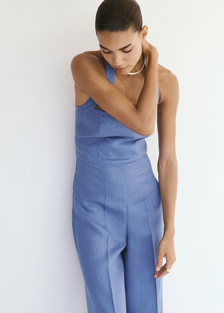 Halter neck jumpsuit 100% linen — Blue