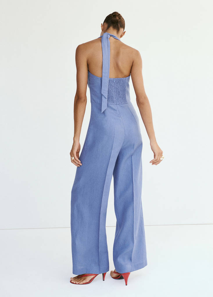 Halter neck jumpsuit 100% linen — Blue