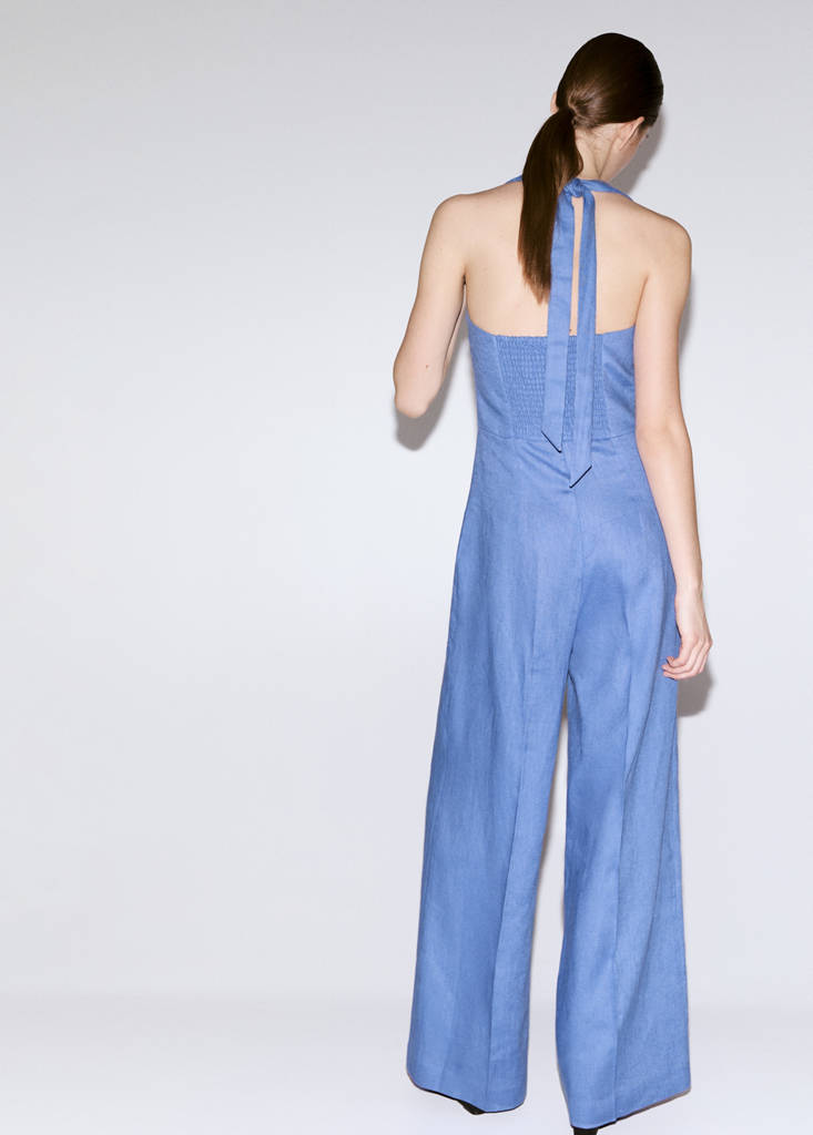 Halter neck jumpsuit 100% linen — Blue