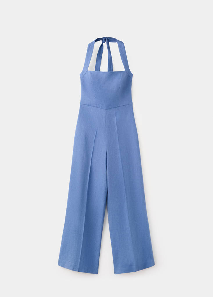 Halter neck jumpsuit 100% linen — Blue