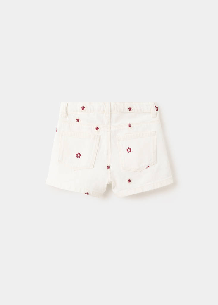 Straight shorts with embroidered flowers — Ecru