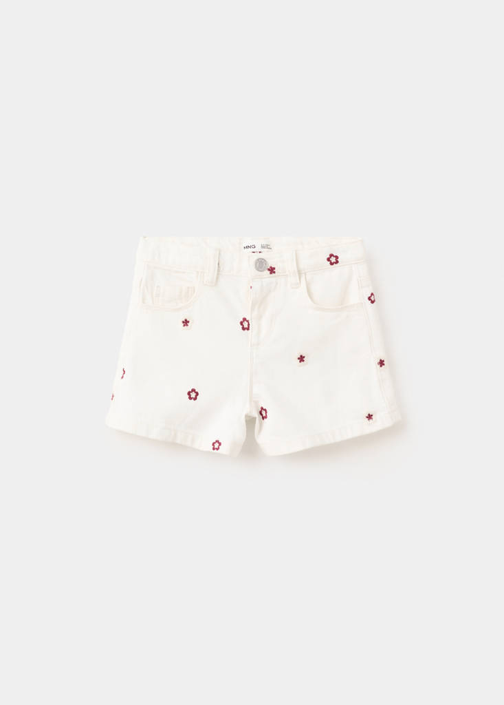 Straight shorts with embroidered flowers — Ecru