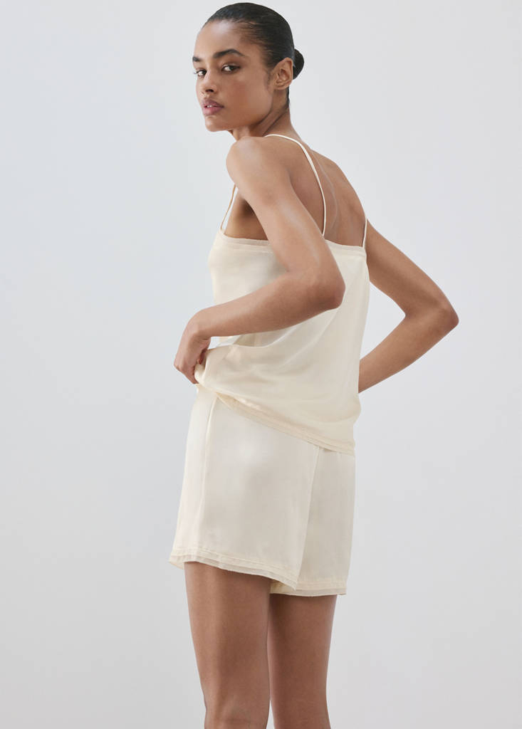 Satin lace-trim pyjama shorts — Ivory White