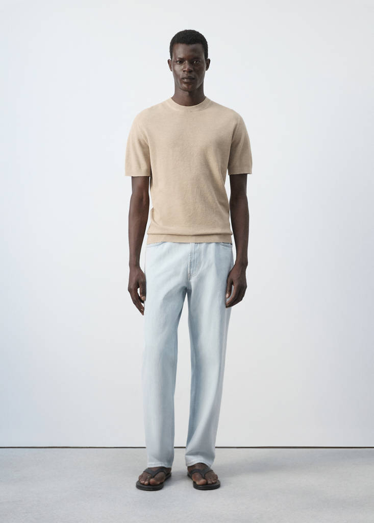 Fine knit cotton blend T-shirt — Beige