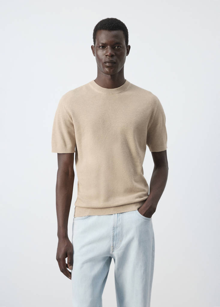 Fine knit cotton blend T-shirt — Beige