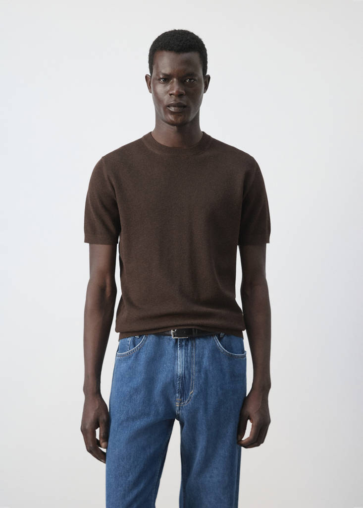 Fine knit cotton blend T-shirt — Brown