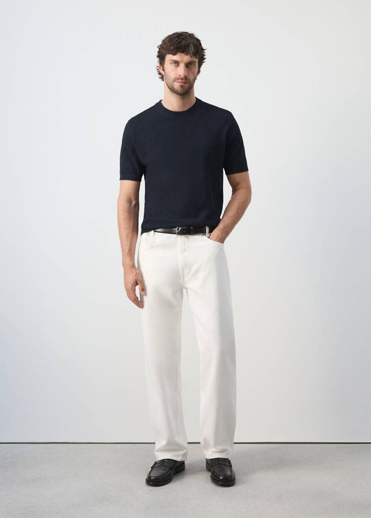 Fine knit cotton blend T-shirt — Navy
