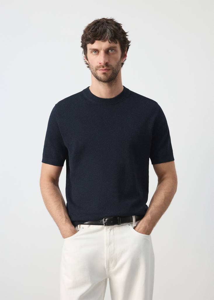 Fine knit cotton blend T-shirt — Navy