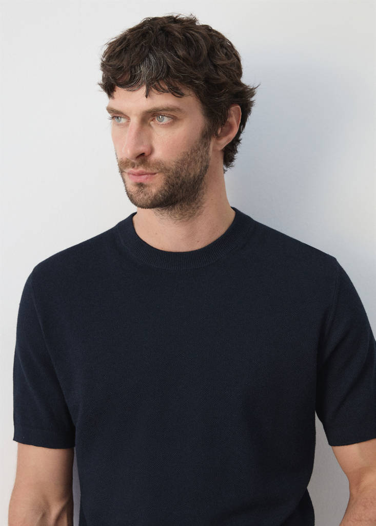 Fine knit cotton blend T-shirt — Navy