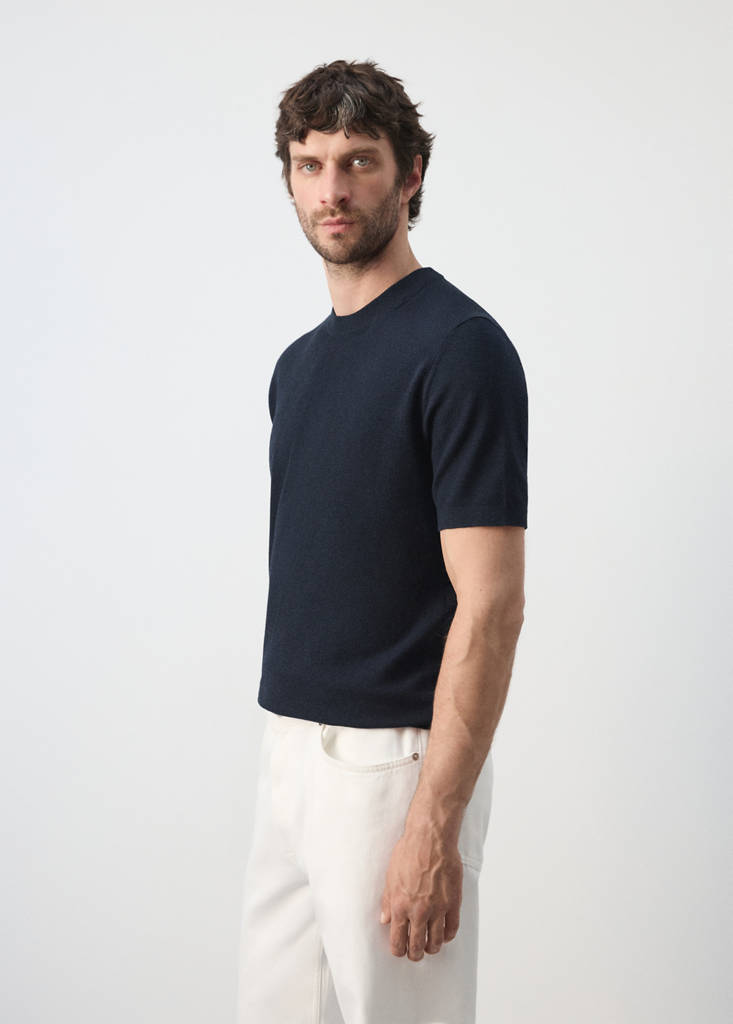 Fine knit cotton blend T-shirt — Navy