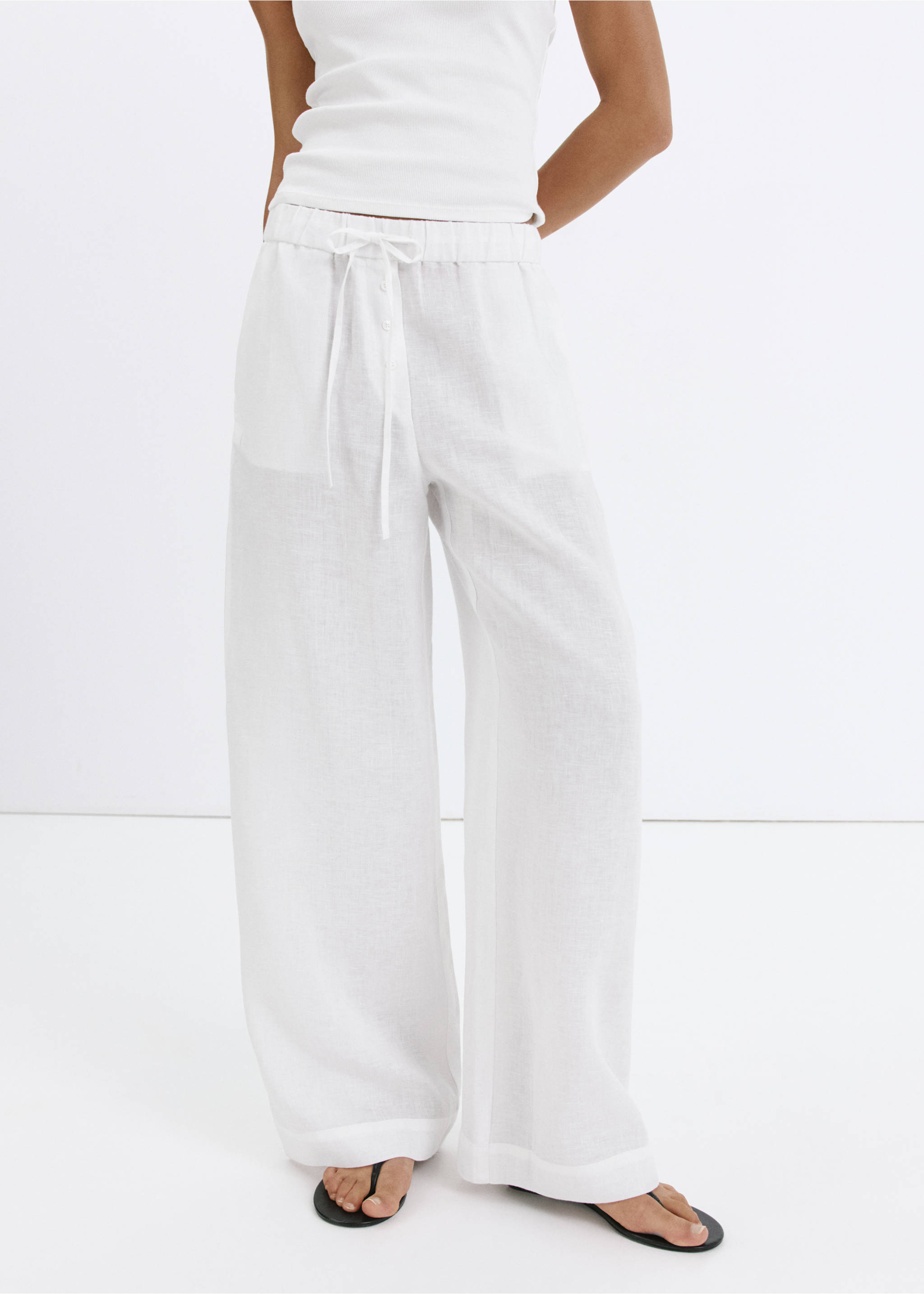 Pantalon wide leg en lin - Plan moyen, Blanc. Ref: 37061437-00.