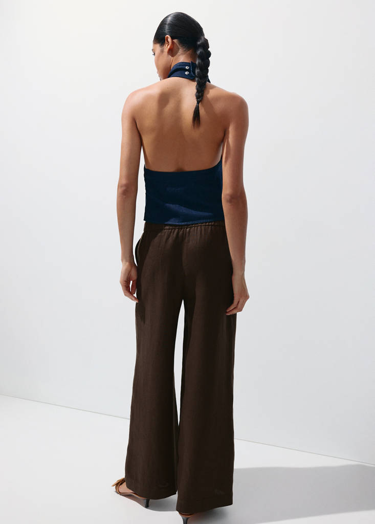Linen wide-leg trousers — Chocolate