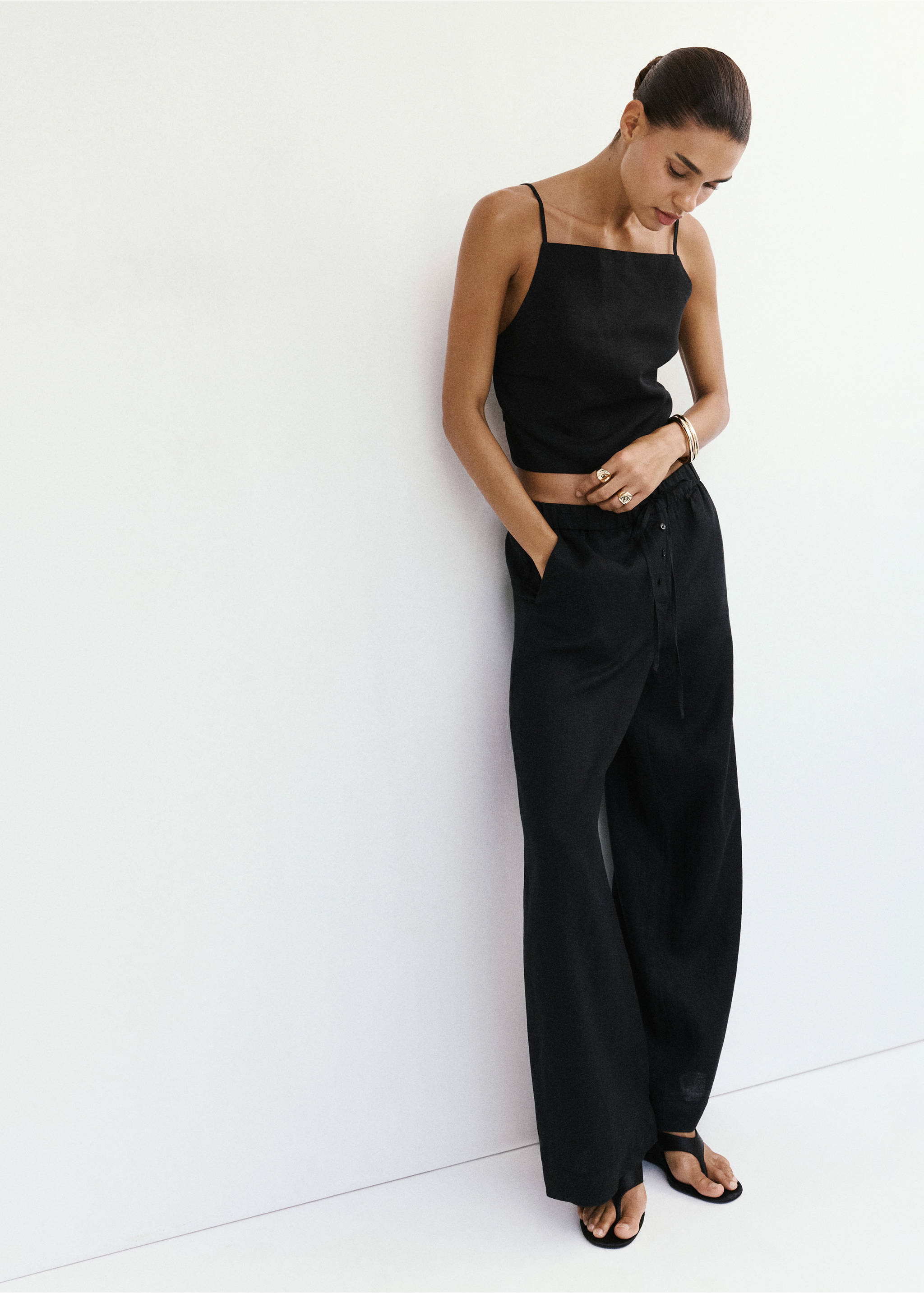 Wide leg linen trousers - General plane, Black. Ref: 37061437-00.