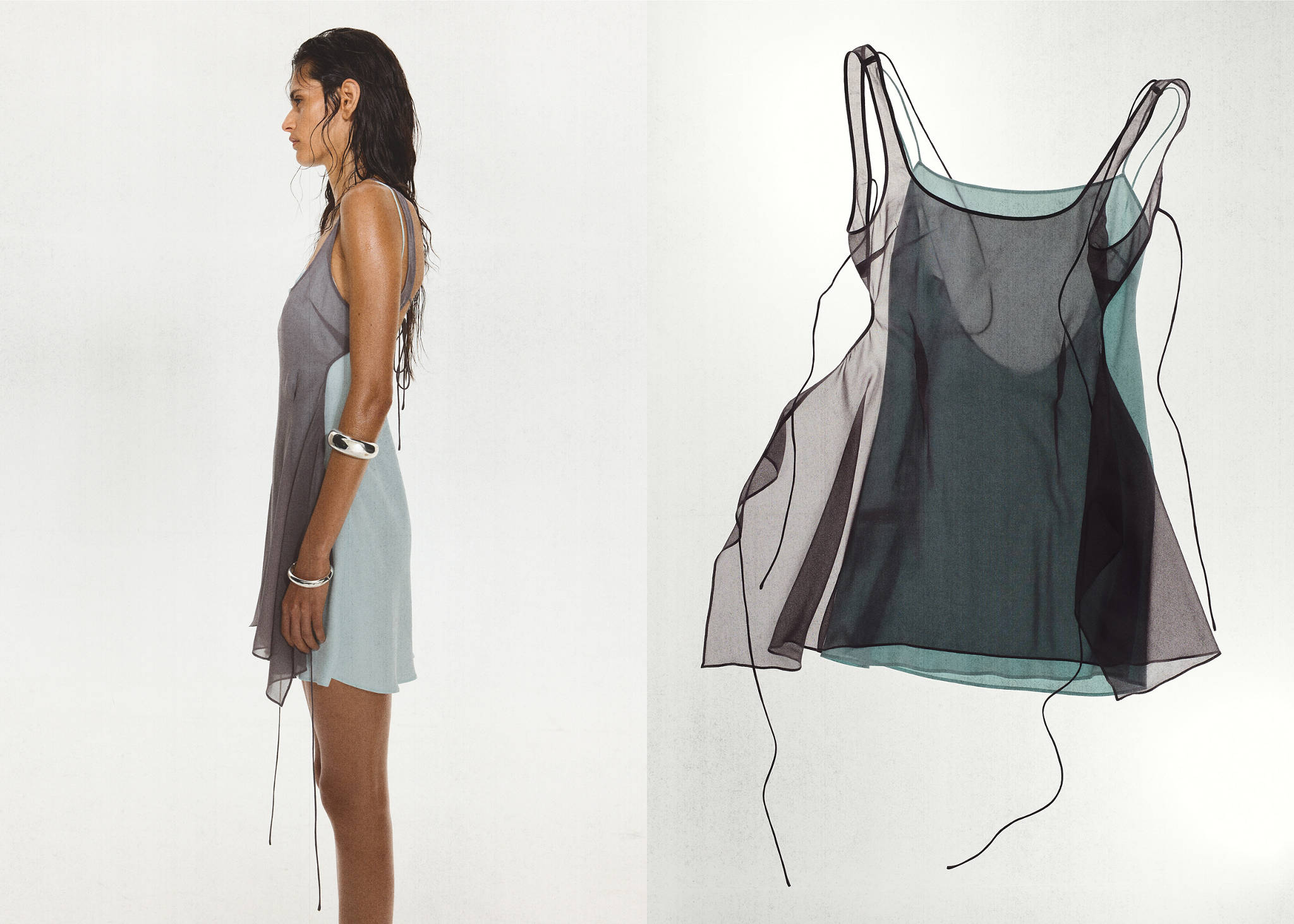 Two-panel view of a sleeveless double-layered short dress in grey and turquoise.