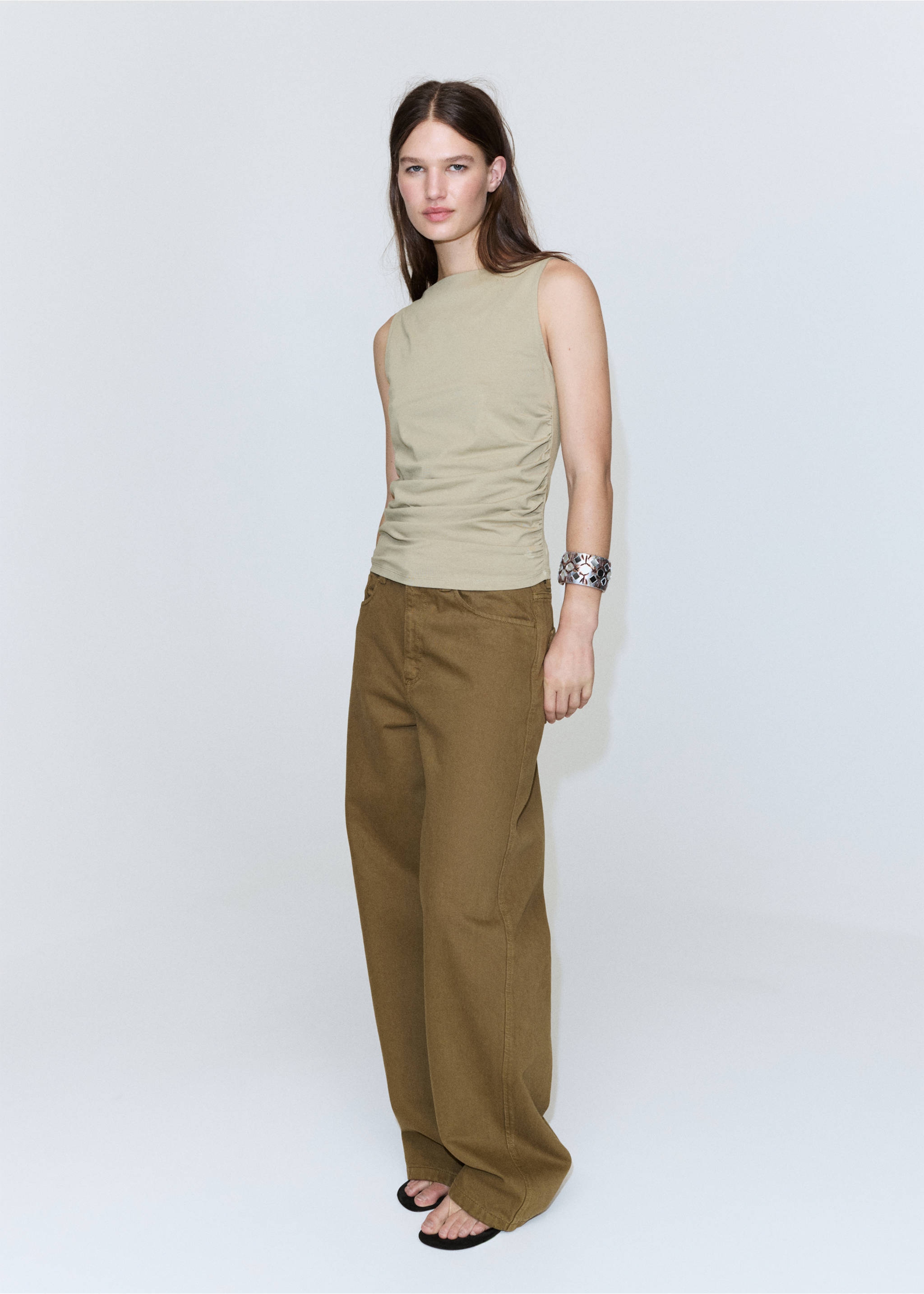 Draped cotton top - General plane, Khaki. Ref: 37061465-00.