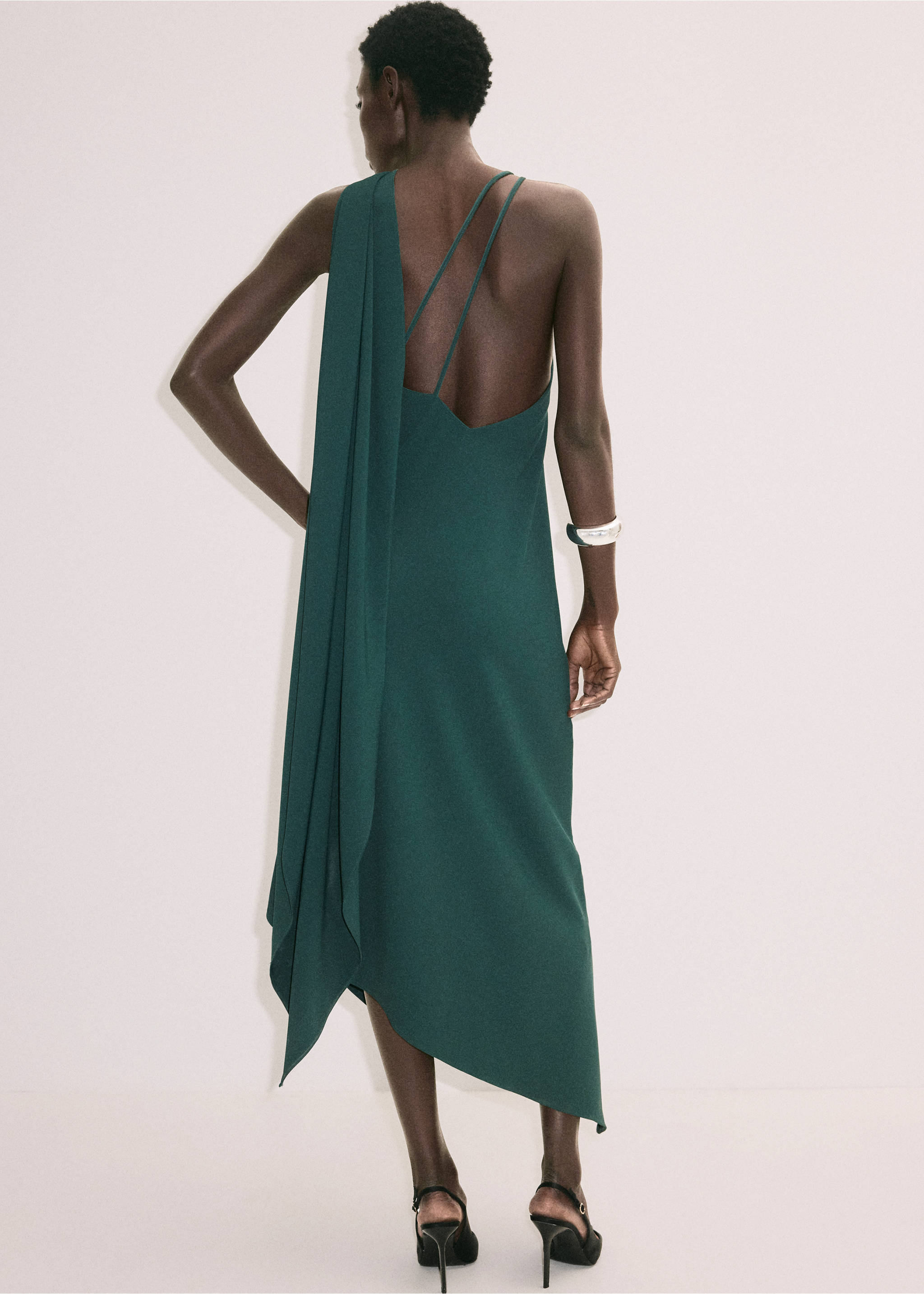 Dark green midi dress with asymmetric cape detail, shown from the back., Green. Ref: 37061468-00.