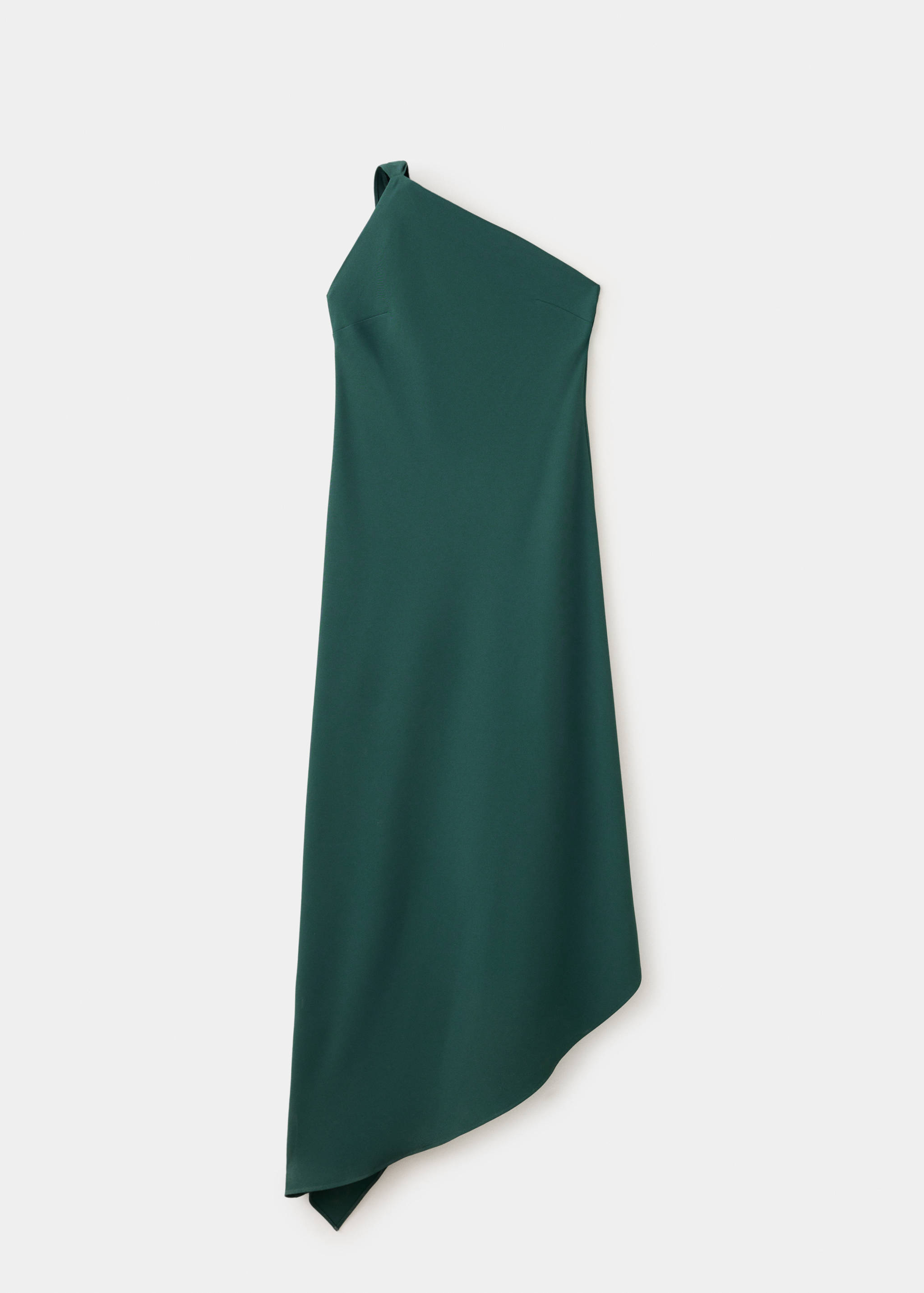 Vestido asimétrico de un solo hombro en verde oscuro, presentado como bodegón.
